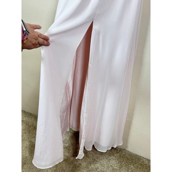 NWT Azazie Alva Bridesmaid Dress Blushing Pink Maxi Length High Slit V Neck 2 - Picture 7 of 10